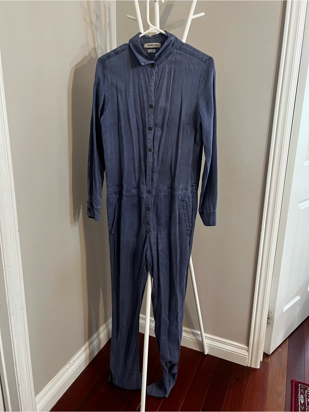 Denim Button-Front Long-Sleeve Jumpsuit - Picture 3 of 10